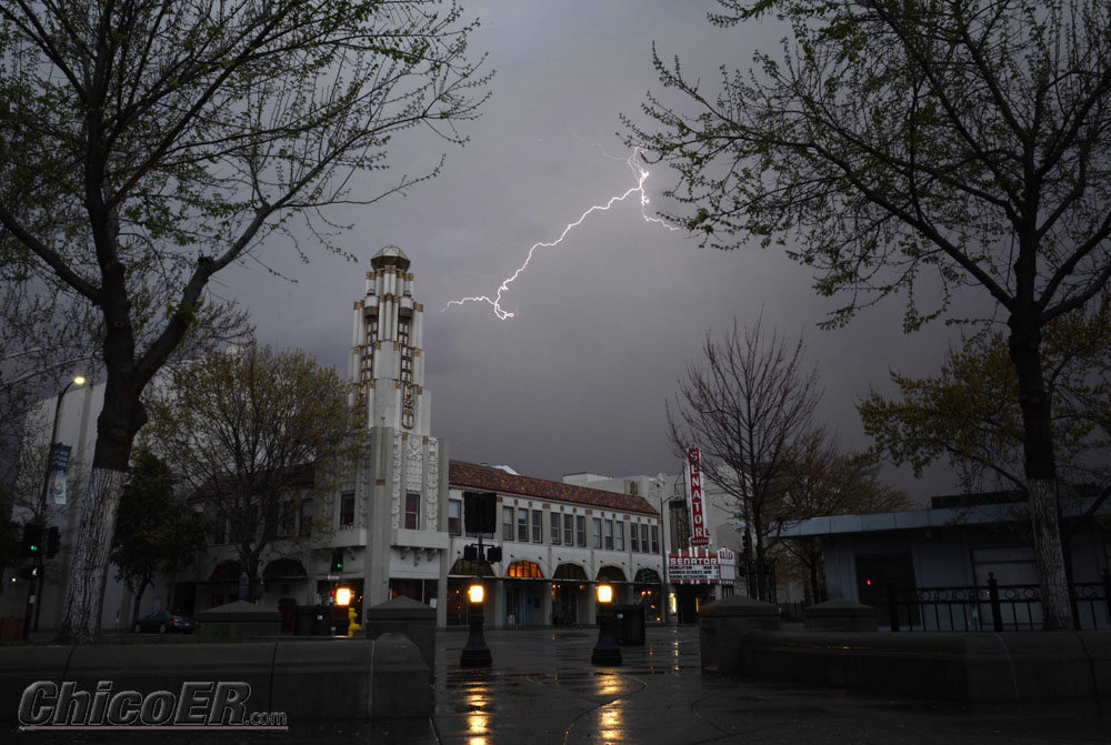 lightening strikes during storm downtown Chico California
